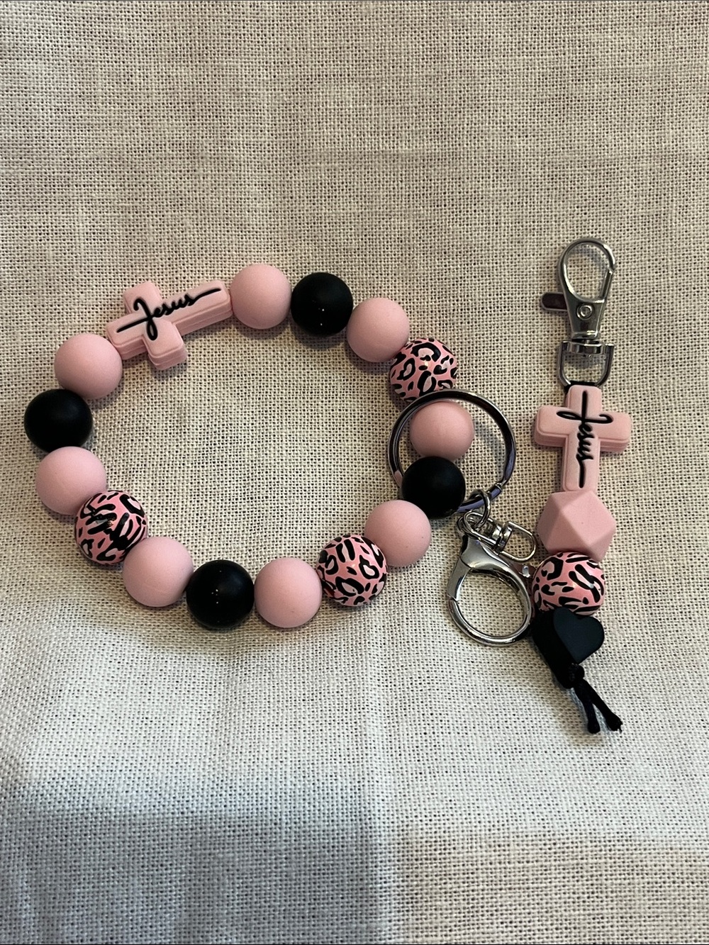 InspirationsPink & Black Beaded Bracelet and Keychain Set with FaithCross Accent